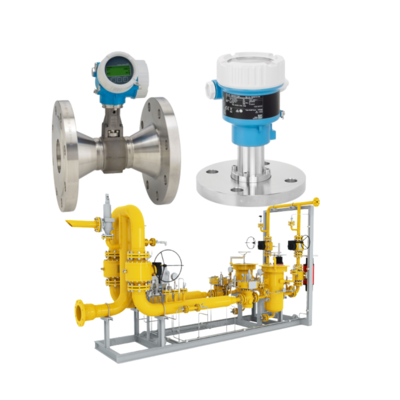Skid katup gas alam dilengkapi dengan flowmeter Endress+Hauser Proline Prowirl R 200 dan pemancar tekanan Deltabar PMC51B.