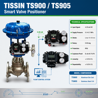 Tissin TS900 TS905 Smart Valve Positioner Digital Valve Controller dengan Sinyal Input 4-20mA DC Tahan Ledakan Ex db IIC T5/T6 dan Perlindungan IP66