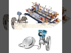 Sistem skid katup gas alam yang dilengkapi dengan aliran vortex Rosemount 8800 Series dan pemancar tingkat flange 3051L.